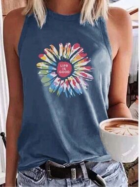 Life Is Good Navy Tank with Rainbow Daisy Graphic